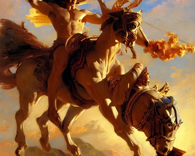 Image similar to attractive apollo greek god, riding his fire chariot. highly detailed painting by gaston bussiere, craig mullins, j. c. leyendecker 8 k