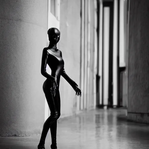 Image similar to fashion photography of a genderless deformed alien model, wearing a black catsuit, full body, photo 3 5 mm leica, hyperdetail, berghain, 8 k, very detailed, black and white