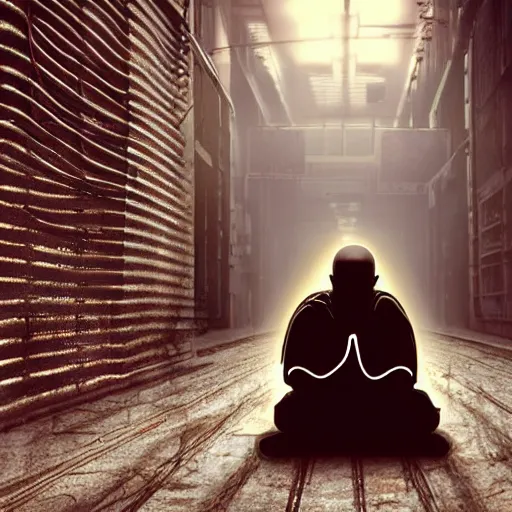 Image similar to A single monk kneeling with wires connecting him to a computer, Nirvana, Machines and wires everywhere, flashing neon lights, creepy, dark shadowy surroundings, dystopian scifi, horror, Stefan Koidl inspired