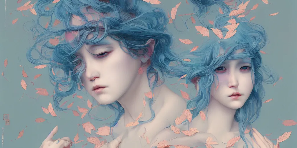 Prompt: breathtaking detailed concept art painting pattern with pastel colors of blue hair faces goddesses amalgamation autumn leaves with anxious piercing eyes, by hsiao - ron cheng and james jean, bizarre compositions, exquisite detail, 8 k