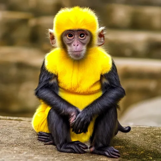 Image similar to a monkey wearing a yellow kimono, 8 k