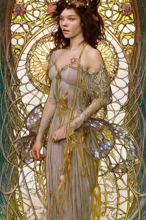 Prompt: masterwork portrait of astrid berges frisbey as a fairy queen, wearing a dress of stars. behance hd artstation, by moebius, alphonse mucha, ayami kojima, amano, greg hildebrandt, and mark brooks, feminine, female, art nouveau, neo - gothic, gothic, character concept design, dynamic light, stylised illustration