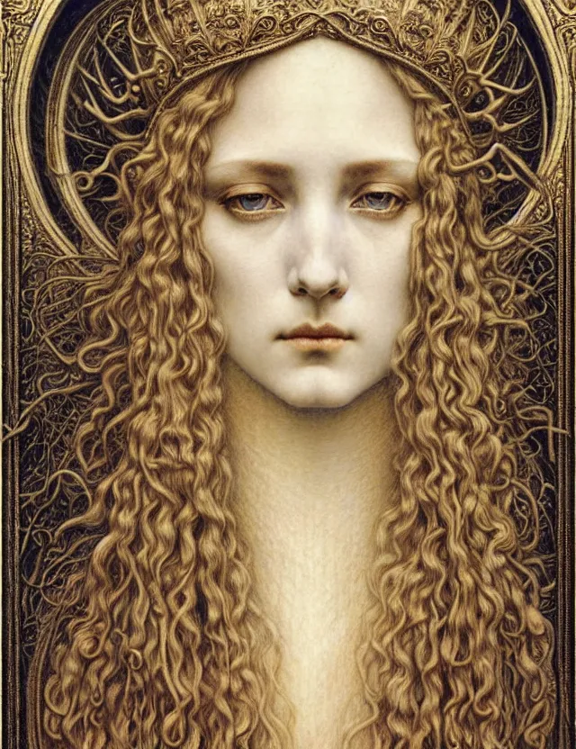 Image similar to detailed realistic beautiful young medieval queen face portrait by jean delville, gustave dore and marco mazzoni, art nouveau, symbolist, visionary, gothic, pre - raphaelite. horizontal symmetry