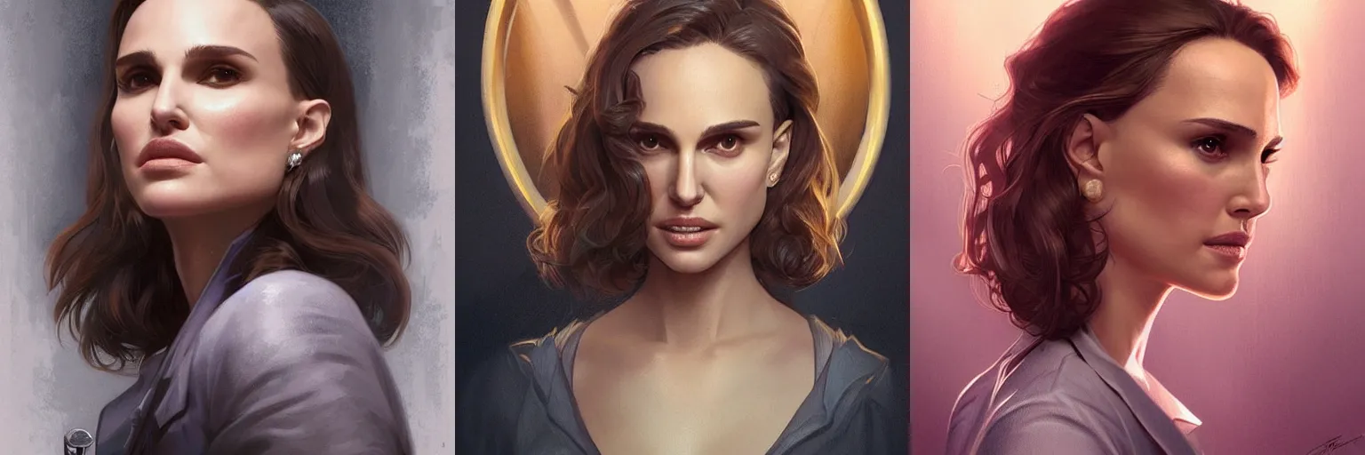 Prompt: portrait of Natalie Portman as a detective, highly detailed, digital painting, artstation, concept art, sharp focus, illustration, art by artgerm and greg rutkowski and alphonse mucha