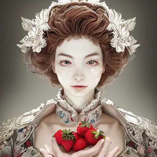 Image similar to the portrait of an absurdly beautiful, graceful, elegant, sophisticated, fashionable young gravure idol made of strawberries and white petals, an ultrafine hyperdetailed illustration by kim jung gi, irakli nadar, intricate linework, bright colors, octopath traveler, final fantasy, unreal engine 5 highly rendered, global illumination, radiant light, detailed and intricate environment