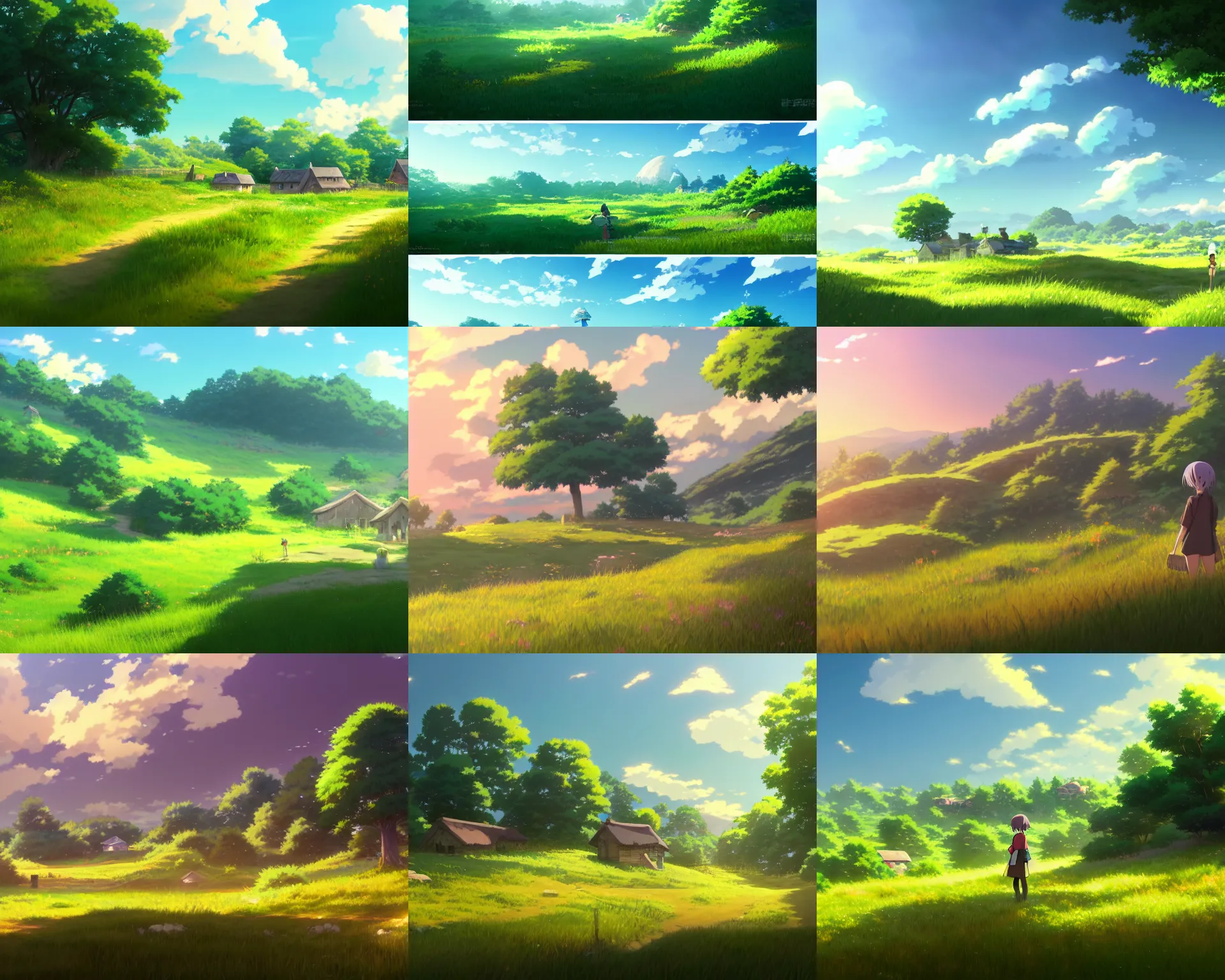 Prompt: an anime movie background matte painting of a meadow in the countryside, rolling hills, cottages, by Makoto Shinkai, trending on Artstation, highly detailed