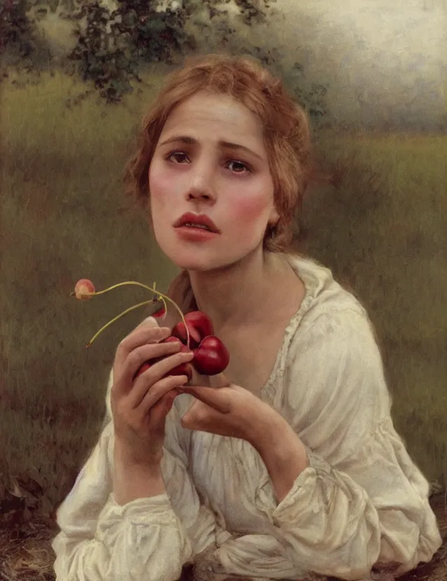 Prompt: peasant girl eating cherry, portrait, cottage core, cinematic focus, polaroid photo bleached vintage pastel colors high - key lighting, soft lights, foggy, by steve hanks, by lisa yuskavage, by serov valentin, by tarkovsky, 8 k render, detailed, oil on canvas