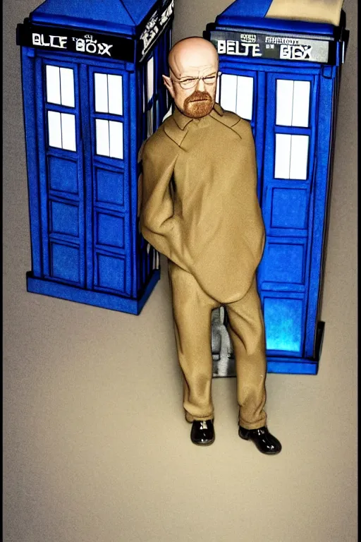 Image similar to walter white and the tardis, photorealistic, highly detailed,