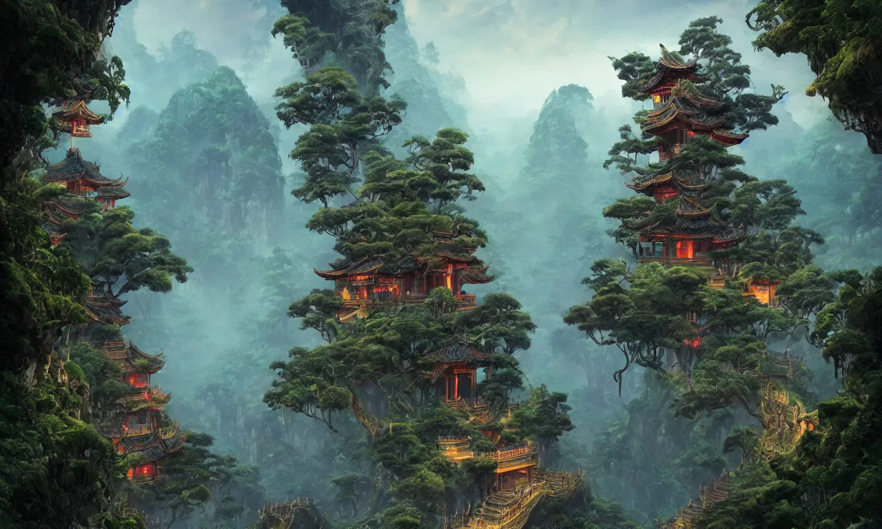 Prompt: misterious temple in the jungle in chinese style ， super wide angle, magnificent and gorgeous atmosphere ， matte painting ， rtx on ， by moebius, neil blevins and jordan grimmer ， trending on cgsociety and artstation, unreal engine ， volumetric light ， surreal