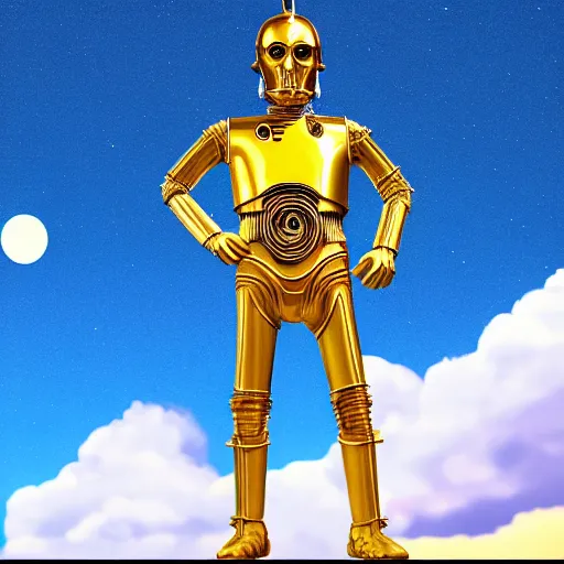 Image similar to full body legs portrait of Simpson as C3PO in star wars, background blue sky puffy clouds cinematic 4k