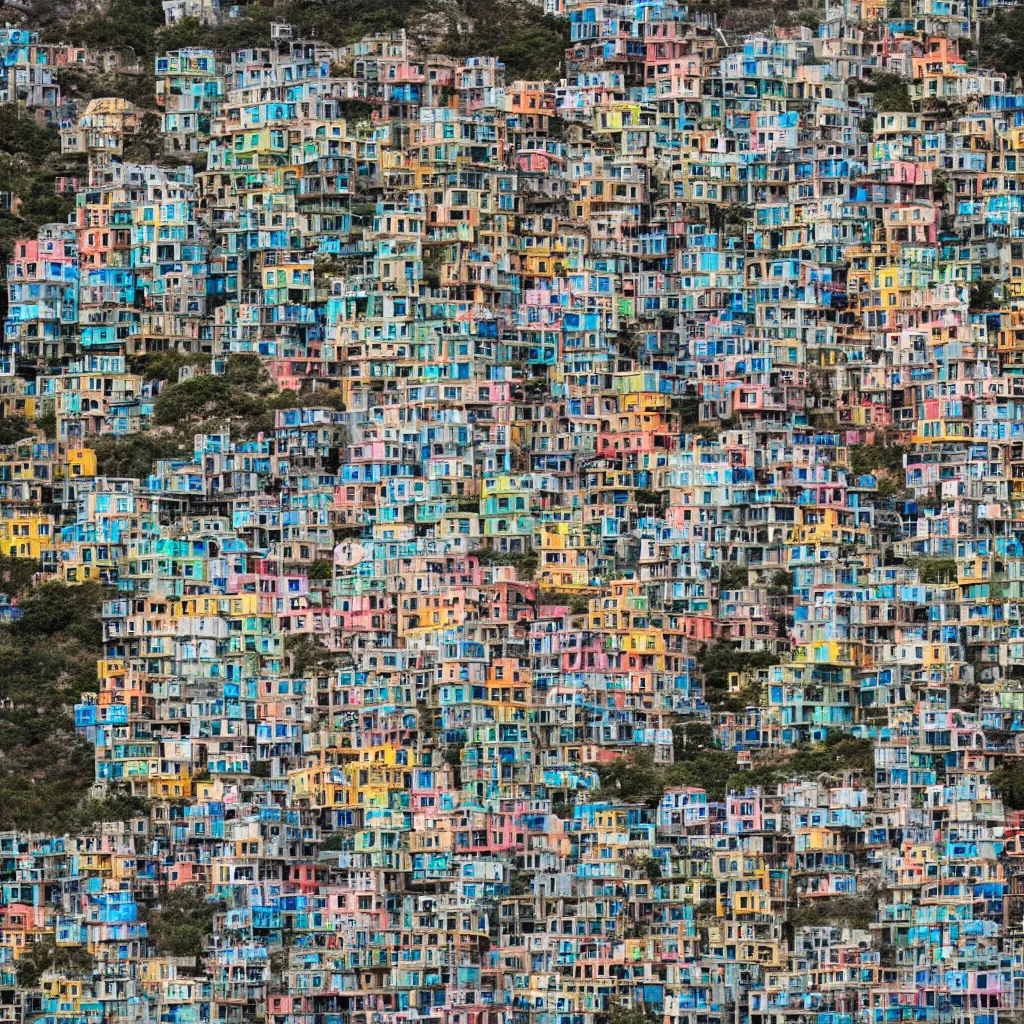 Image similar to a circular tower, made up of colourful makeshift squatter shacks, dystopia, sony a 7 r 3, f 1 1, fully frontal view, ultra detailed, photographed by hiroshi sugimoto,