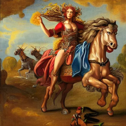 Prompt: beyonce riding a horse with a sword chasing a tribe of eric claptons, baroque style painting, well lit, highly detailed