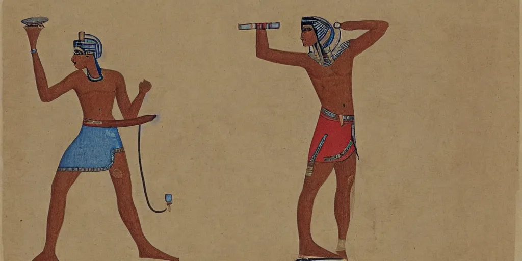 Image similar to Egyptian drawing of a man using a shake weight, ancient, photorealistic