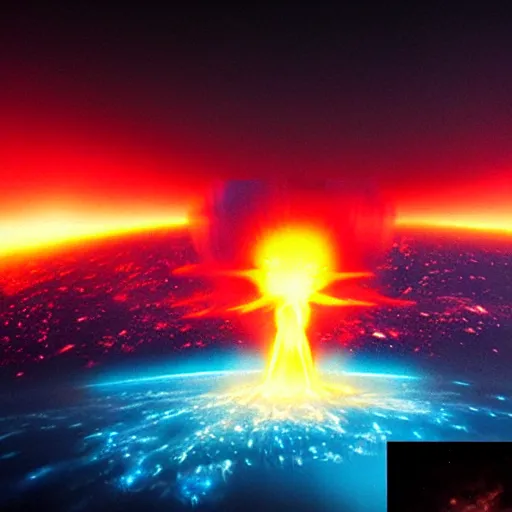 Image similar to mosaic of a nuclear explosion from space, neon lights by greg rutkowski