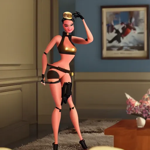 Image similar to amazing beautiful Spy from Team Fortress 2 barbie doll wearing leather in the living room, film still from the movie directed by Denis Villeneuve , wide lens