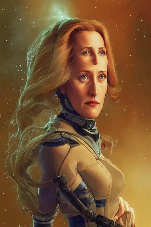 Image similar to young Gillian Anderson as a ruggedly beautiful retro SCI-FI space heroine 1985 , intricate, elegant, highly detailed, centered, digital painting, artstation, concept art, smooth, sharp focus, illustration, art by artgerm and donato giancola and Joseph Christian Leyendecker, Ross Tran, WLOP