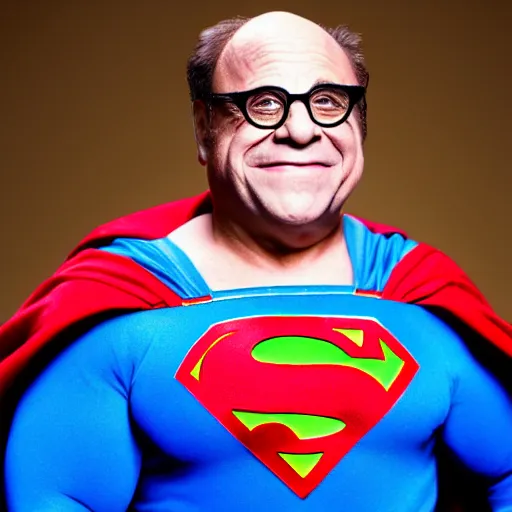 Image similar to danny devito as superman, photo, realistic, 8k