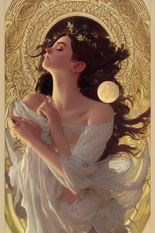 Prompt: goddess of the Moon, elegant, highly detailed, digital painting, artstation, concept art, smooth, sharp focus, illustration, ArtStation, art by artgerm and greg rutkowski and alphonse mucha and J. C. Leyendecker and Edmund Blair Leighton and Charlie Bowater