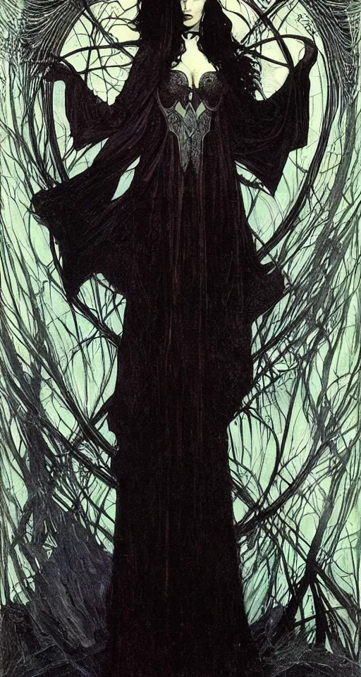 Image similar to sorceress, wearing a black cloak, with messy black hair, gothic, lace, standing in a surreal dreamscape by Gerald Brom and Dave McKean and Alphonse Mucha,