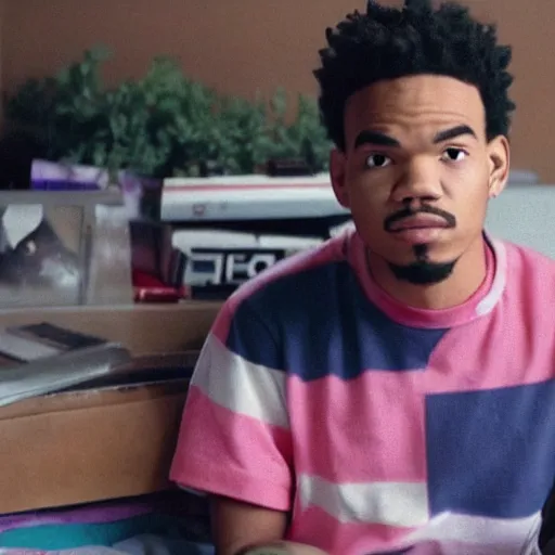 Image similar to a tv still of Chance The Rapper starring as a college student in a 1990 tv sitcom, 40mm lens