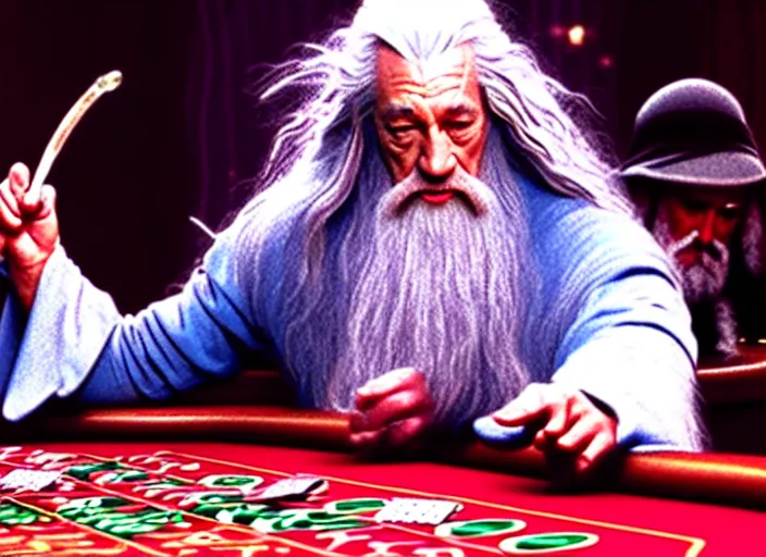 Image similar to film still of gandalf gambling in a casino in lord of the rings movie, 8 k