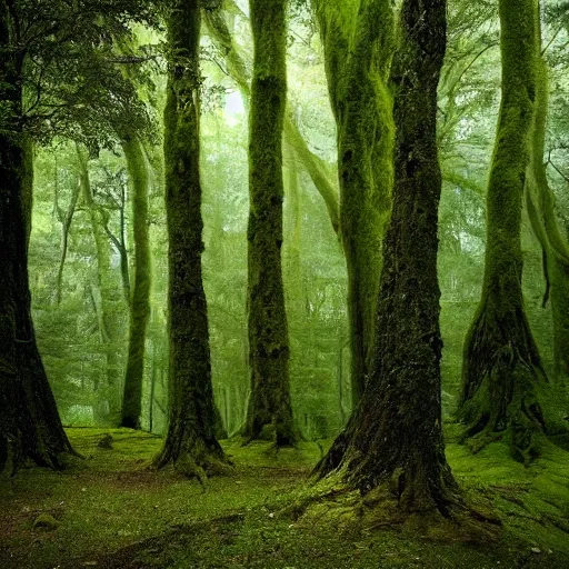 Prompt: the wood between the worlds, narnia, a forest filled with pools of water, lush green forest, moss,