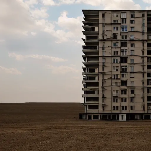 Prompt: A post-soviet average Polish residential block standing alone in the middle of an empty desert, sunny weather