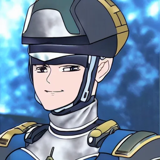 Image similar to a futuristic soldier captain with a metal visor and a blue shoulderpad in anime style