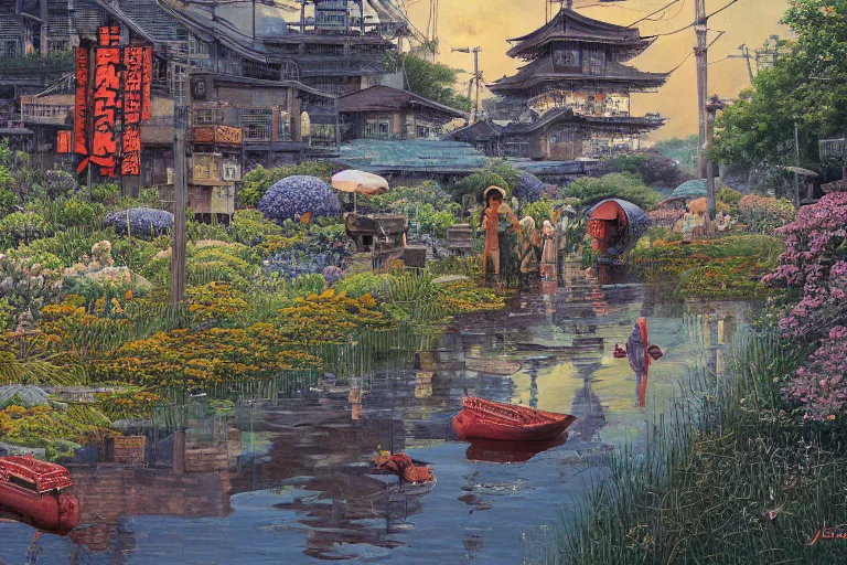 Image similar to oil painting, super - detailed scene spirited away, twilight junkyard, louisiana swamps, indigo blooming flowers garden, japanese sci - fi books art, artwork by jean giraud, hd, 4 k, high quality