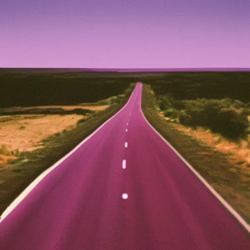 Prompt: Analog photo of a pink car driving off in the distance on a long road, wide view, depth of field