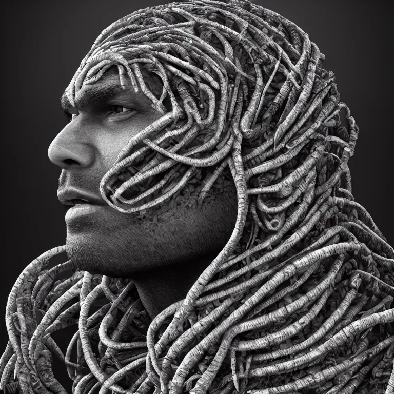 Image similar to surreal spinal ribbed tribal exotic organic face portrait of a beautiful aboriginal man, beautiful detailed intricate insanely detailed BW 3D render digital art, octane render, 8K artistic photography, photorealistic