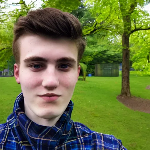 Prompt: A Selfie by a scottish 20 year old man infront of leaves filling the screen. Blue jacket wearing man with short hair and short facial hair. Short bearded man with brown hair. HD stunning photograph by Canon. Looking directly towards camera this man with a triangular thin shape and thin nose is off center to the left of the frame.