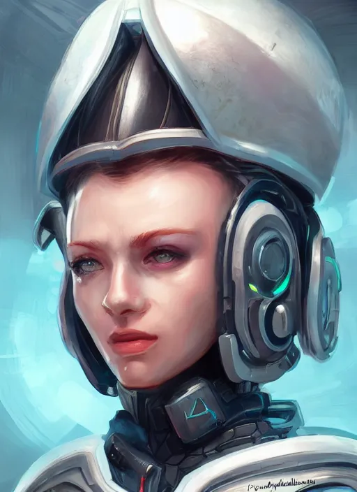 Prompt: of a hyper realistic digital art portrait of a cyberpunk war cleric in a futuristic pearl armor, tech helmet, dark gloomy environment. trending on artstation, art by lois van baarle by sung choi by john kirby artgerm style pascal blanche