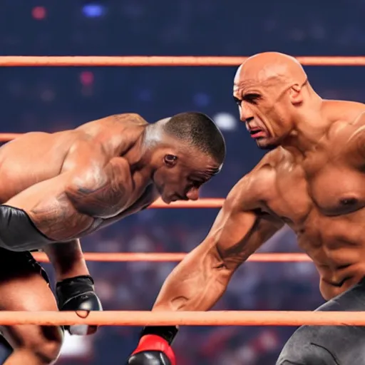 Image similar to ricardo milos vs the rock, fighting at wwe wrestling stadium, while the crowd goes wild, photo realistic