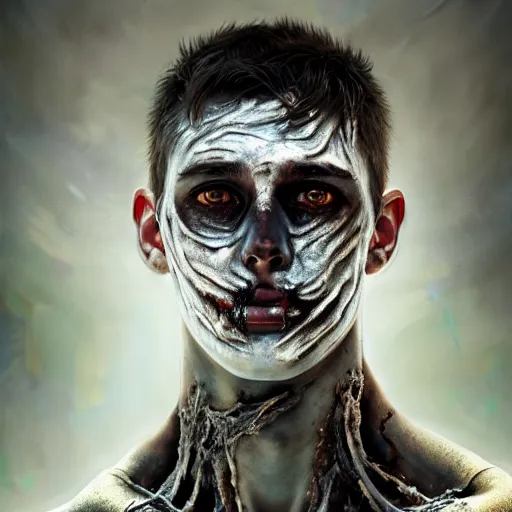 Image similar to portrait painting of young man with severe burn scars on his face and poorly cut short hair with a severe expression wearing tattered light armor, ultra realistic, concept art, intricate details, eerie, highly detailed, photorealistic, octane render, 8 k, unreal engine. art by artgerm and greg rutkowski and charlie bowater and magali villeneuve and alphonse mucha