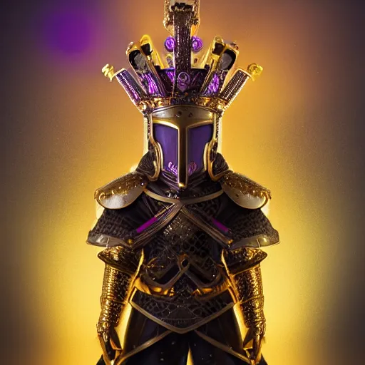 Image similar to a highly detailed knight with glowing purple eyes in a golden helmet and a golden crown with a diamond in the center, golden armor, leather clothes under the armor, leather gloves, holds a black sword, artstation, DeviantArt, professional, octane render, sunset lighting