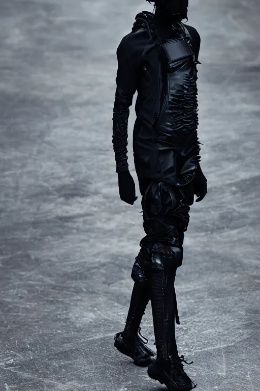 Image similar to avant garde techwear look and clothes, we can see them from feet to head, highly detailed and intricate, hypermaximalist, pastel colors, futuristic, luxury, Rick Owens, Errolson Hugh, Yohji Yamamoto, Y3, ACRNYM, cinematic outfit photo