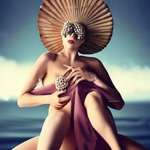 Prompt: lady gaga artpop film, lady gaga artpop inez and vinoodh, seashell girl lady gaga, venus aphrodite, haute couture,