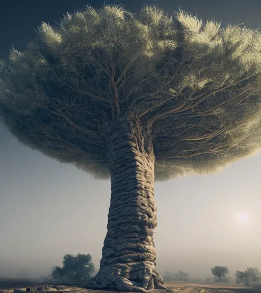 Image similar to surreal theory of ancient futuristic white anaconda tree in the desert, foggy sky, dark night, octane render, unreal engine, pale colors, high detail, 8 k, wide angle, trending on artstation, behance