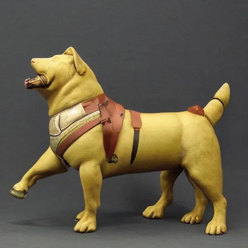 Image similar to fat armoured dog riding a horse