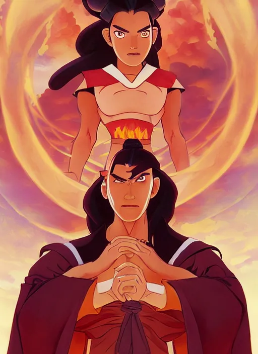 Image similar to the emperor of the fire nation, fire lord ozai, in the style of pixar's moana, anime girl, takeshi obata, art by artgerm and greg rutkowski and alphonse mucha, art by loish, wlop