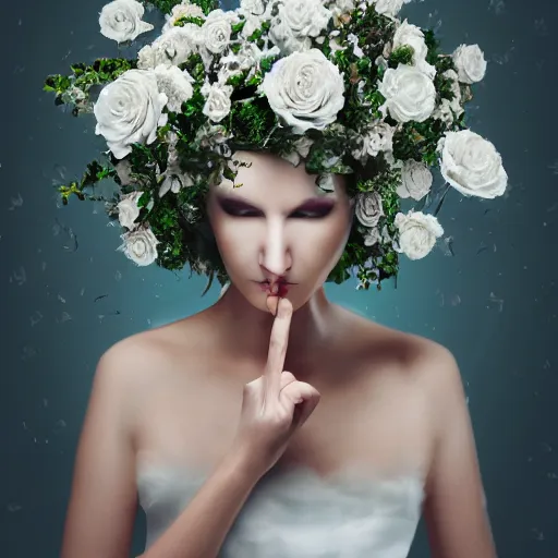 Image similar to a queen with a white large magnificent more and more vaporous ,wrapped ,hight decorated,detailed ,white roses cotton dress shooting surrounded by a bouquet of abstract white flowers and clouds during lightning storm ,surrealism 8k