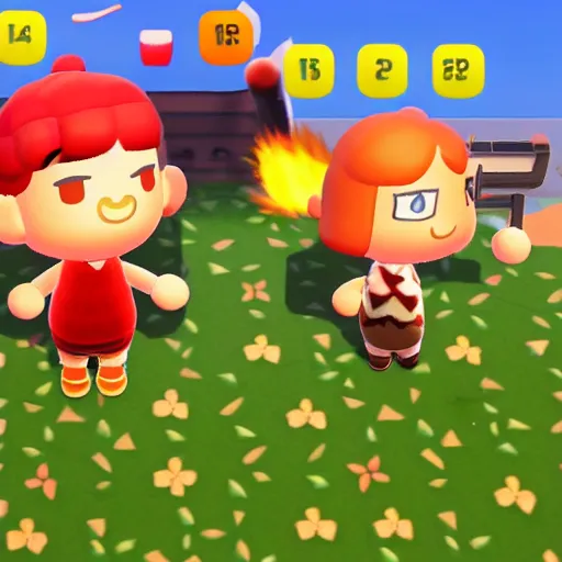 Image similar to screenshot of carpet bombing in animal crossing, explosions, fire, chaos, rubble