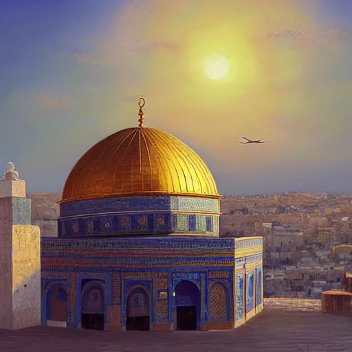 Image similar to a beautiful oil painting flyer design illustration of dome of the rock jerusalem and a muslim is praying to god in front of it, rule of thirds, sunset, highly detailed, perfect lighting, perfect composition, 4 k, artgerm, derek zabrocki, greg rutkowski - h 7 6 8