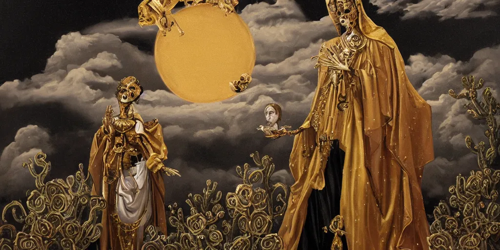 Prompt: oil painted golden metalic woman with metalic gold skeleton face, wearing white and black virgin mary robe with an aureola made of gold, cactus and pearls over the head, holding a rose in a hand, with warm backlight behind a whirlpool of clouds forming acircular background. sunset light. beneath there's a barren land with serpents. apocalyptic. low angle.