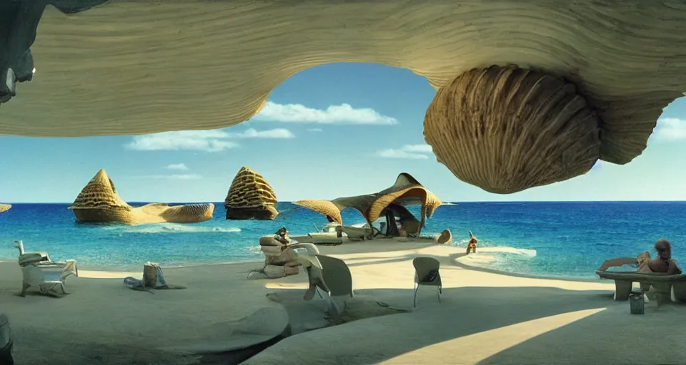 Image similar to a giant seashell house in the middle of nowhere, cinematography by syd mead, gregory crewdson