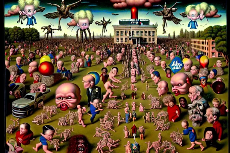 Image similar to a sparsely populated strange battle in an old hospital between old people and babies Robert Williams Mark Ryden and Alex Gross, Todd Schorr highly detailed deep perspective perfect composition