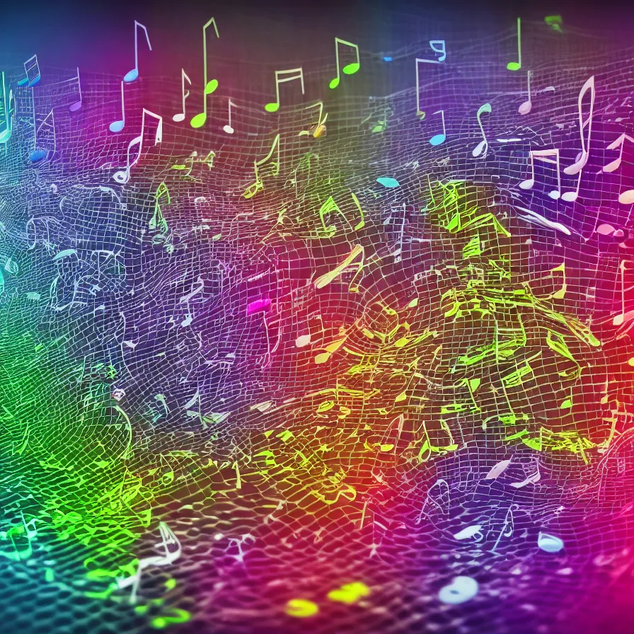 Image similar to realistic detailed 3D render of music, industries, toxic waste, full of colors and musical notes