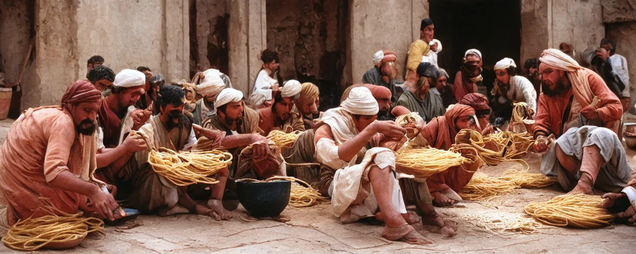 Prompt: ancient babylonians trading spaghetti with merchants, canon 5 0 mm, wes anderson film, kodachrome