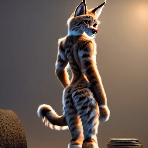 Prompt: anthropomorphic lynx fursona bowing, standing with her back, wearing steampunk suit with lynx head, tail, paws, no boots, by tanidareal, irakli nadar, view from behind, intricate linework, unreal engine, photorealistic 3 d render, furry art, furaffinity, bright sun backlight, white fur, thin legs